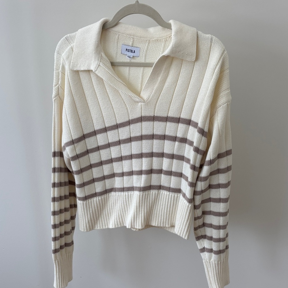Pistola Women's V-Neck Sweater in Cream and Brown Size Small